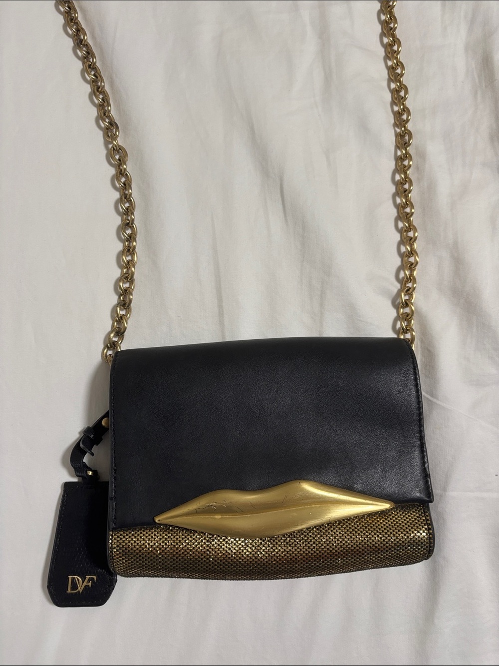 Diane von Furstenberg Black Leather Crossbody with Gold Lip Detail